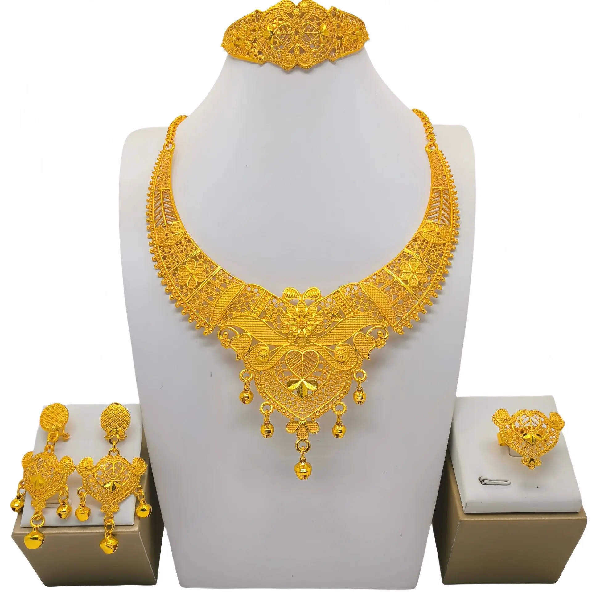 Dubai Luxury Jewelry Set 4 Piece Womens Full 24K Gold Plated necklace earrings bracelet and ring set