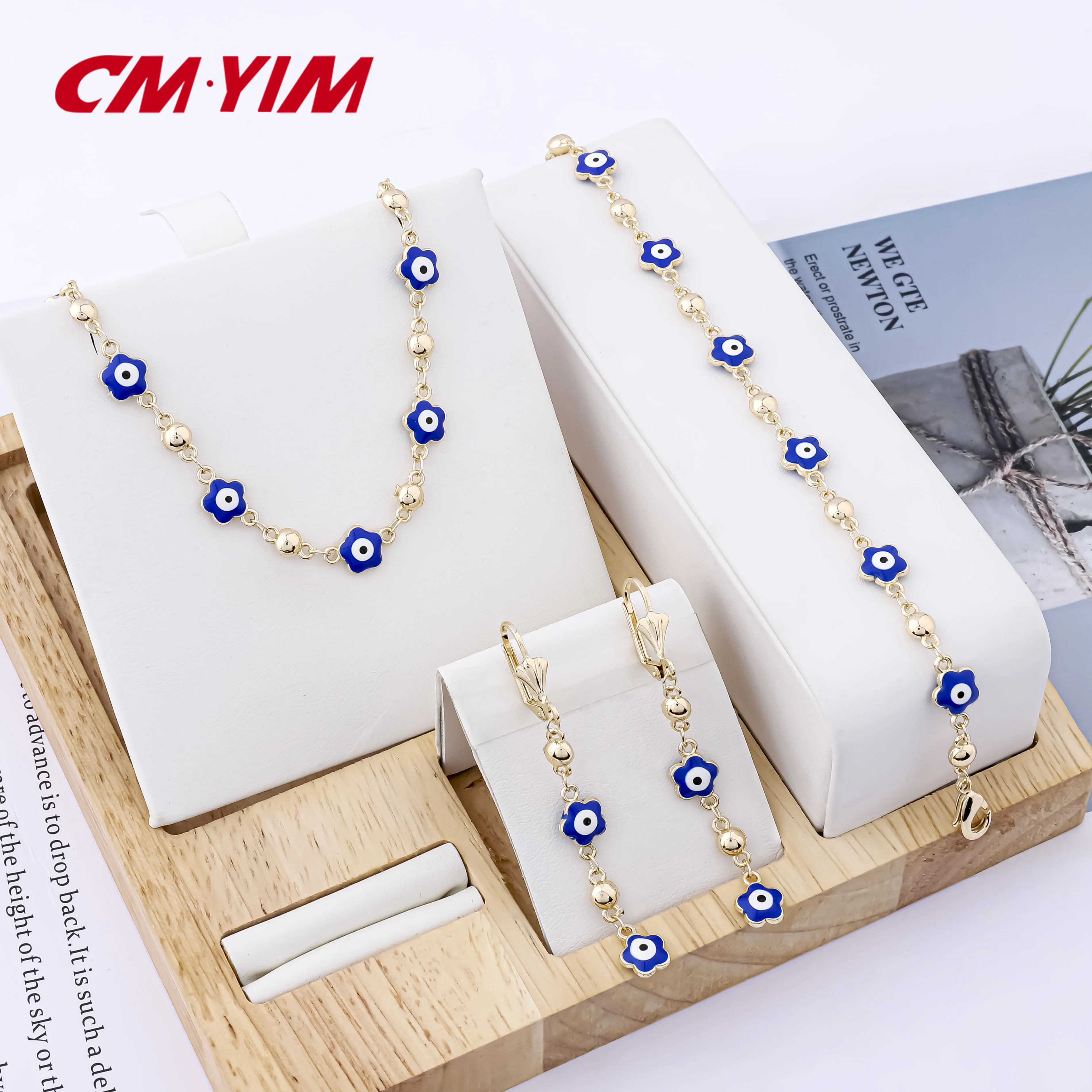 CM 14K gold plated eyes jewelry sets Turkish evil eyes jewelry charms bracelet earring necklace set ojo turco mujer conjuntos