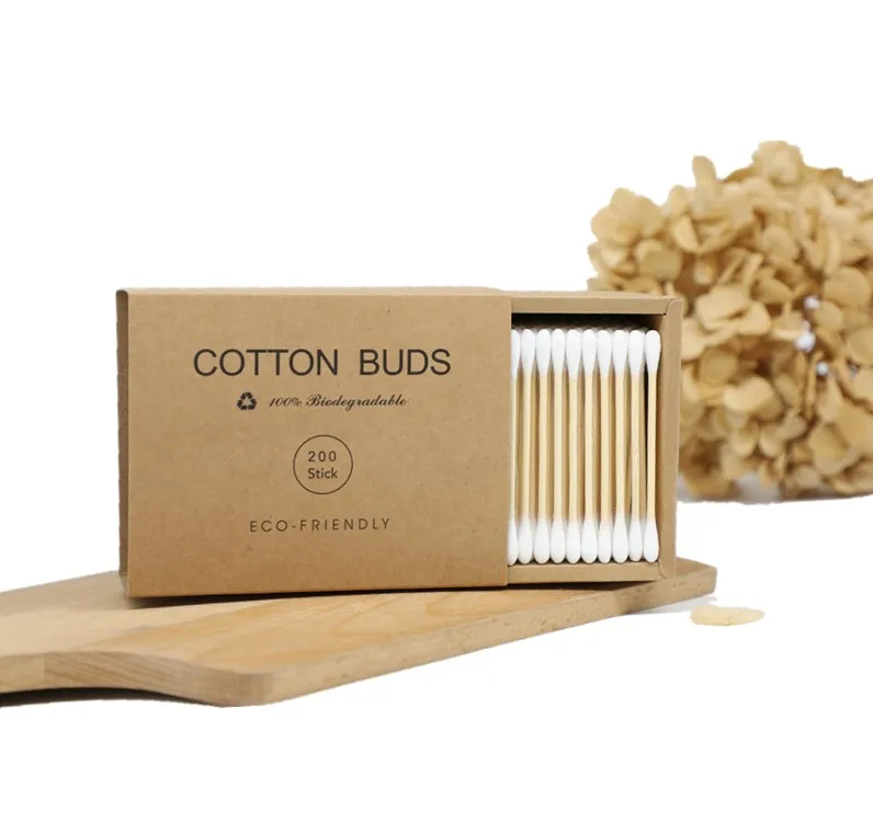 200PCS Drawer Kraft Box Eco-Friendly Natural Biodegradable Bamboo Cotton Buds