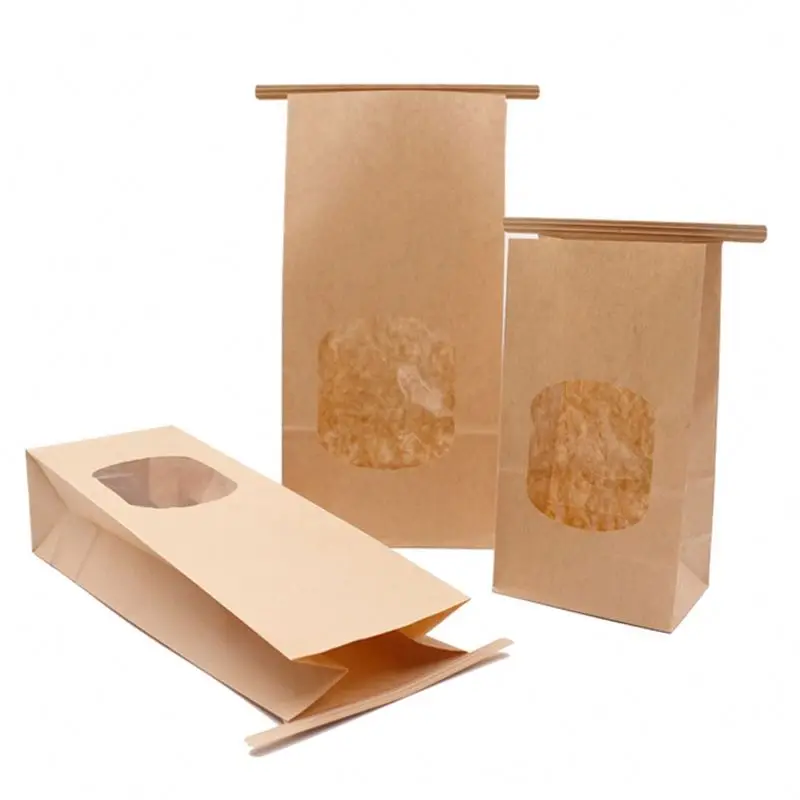 Square Block Flat Bottom Gusset Coffee Bean Tin Tie dessert Kraft Paper Bag with Window