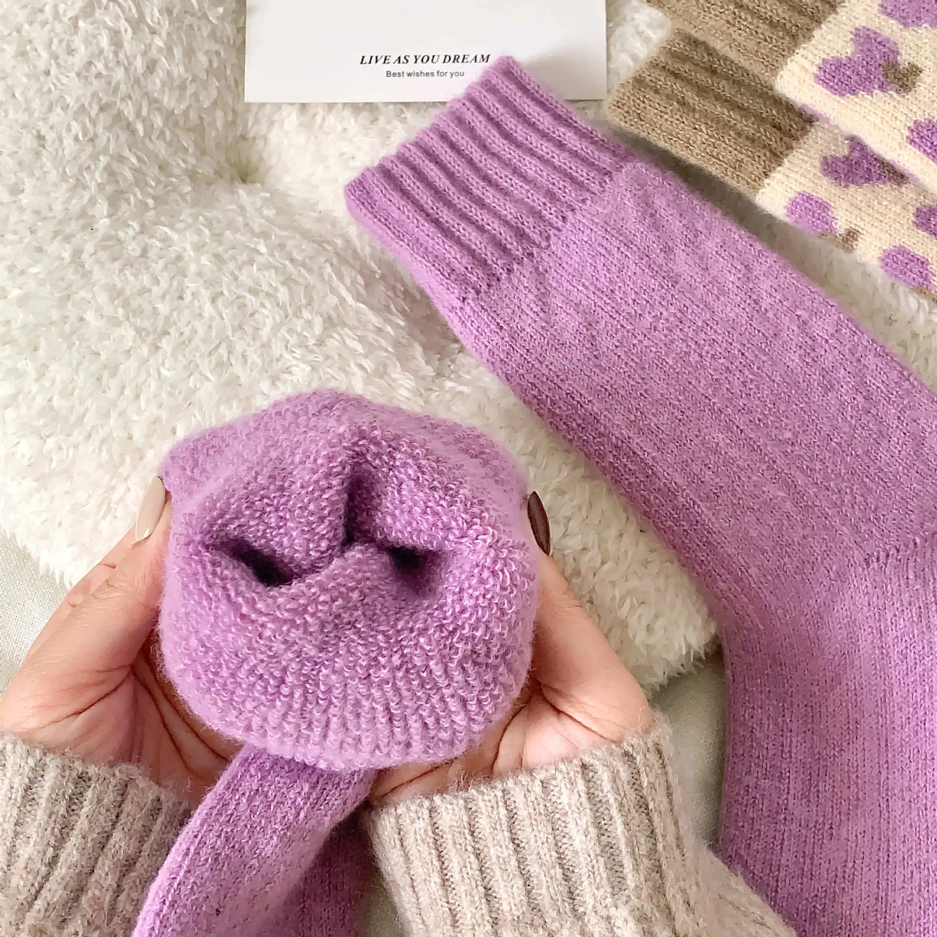 Fashion Girls Calf Thick Knit Boots Socks Gifts Thermal Thick Knit Cabin Cozy Crew Soft Sock Purple Pattern Wool Socks for Women