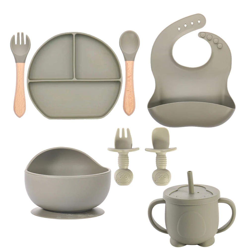 100% Bpa Free Baby Feeding Supplies Kids Dining Tableware Spill Proof Plate Bowl Bib Spoon Baby Silicone Feeding Set