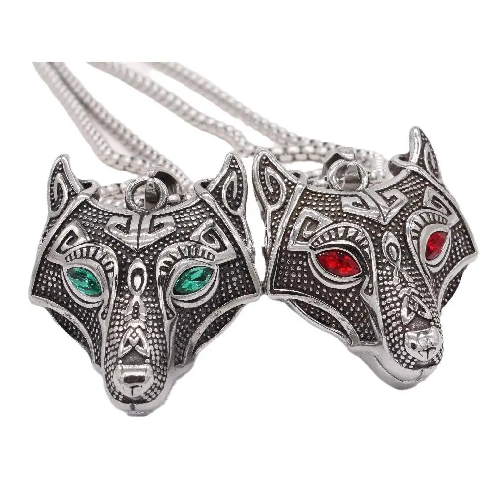 Celtic Wolf Necklace Red Eye Fenrir Wolf Pendant Stainless Steel Viking Nordic Amulet Necklace