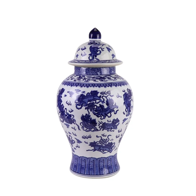 RZGM08-E  Blue and White Porcelain Animal Lion pattern Ceramic Storage Pot Lidded Ginger Jars