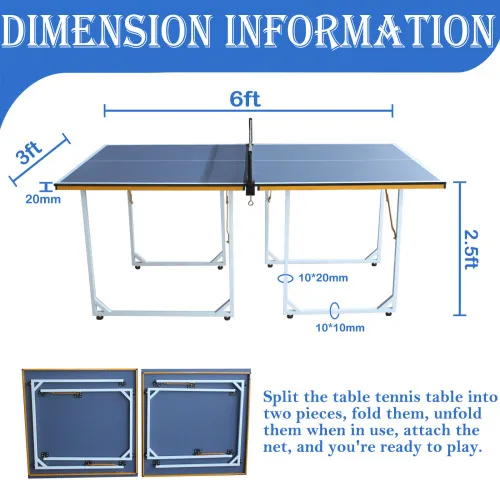 IUNNDS 6ft Mid-Size Table Tennis Table Foldable & Portable Ping Pong Table Set for Indoor & Outdoor Games with Net