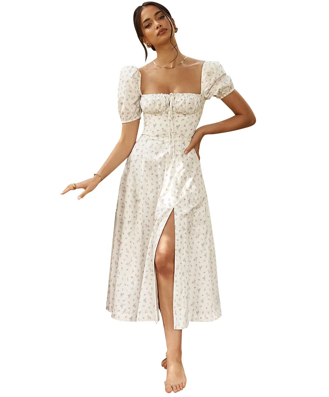 1pcs MOQ pink womens floral green square neck puffed sleeve floral cocktail white long dress women,blue white dress puff sleeve