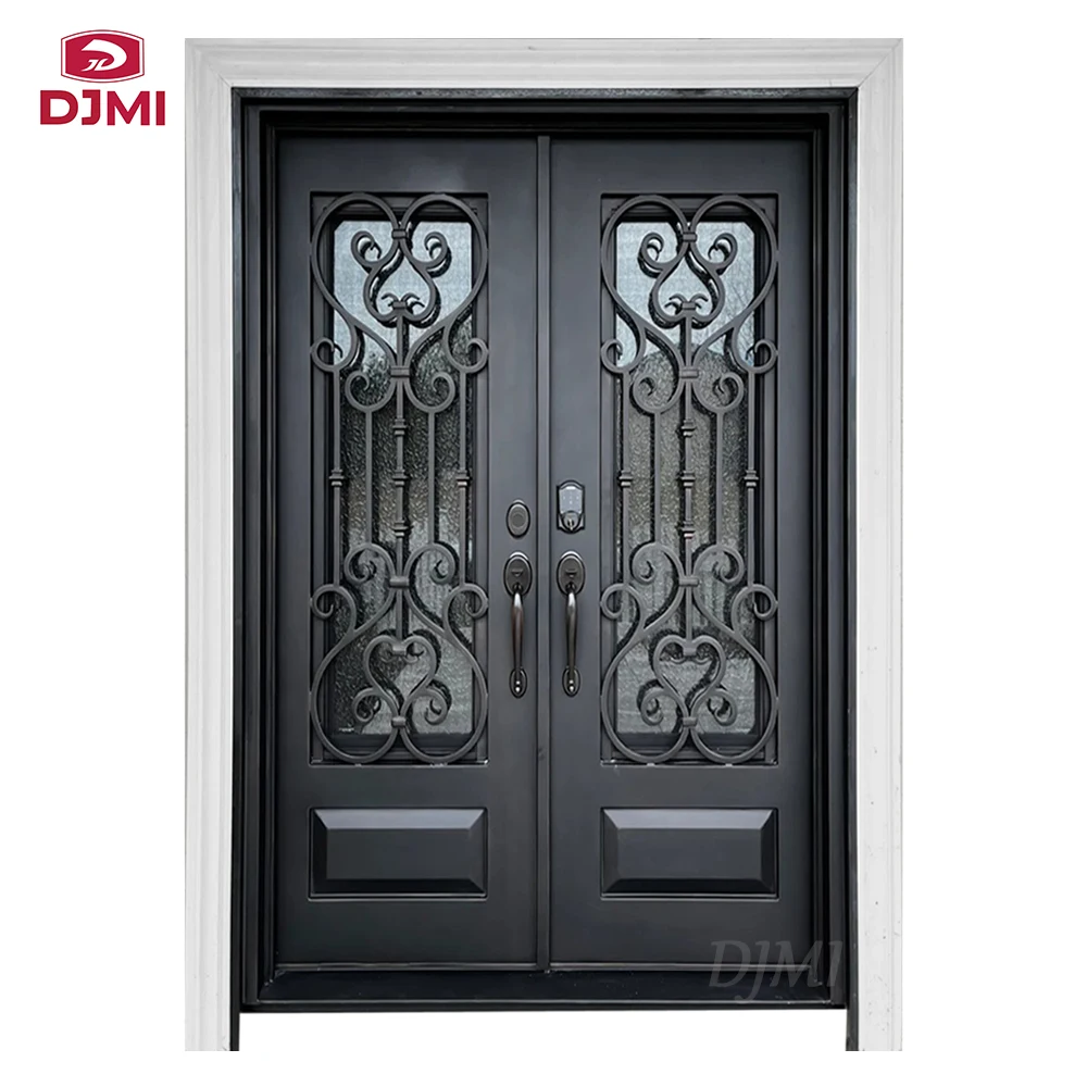 Chinese Top factory luxury villa external main entrance porte with art glass front entry exterior wrought iron door for house