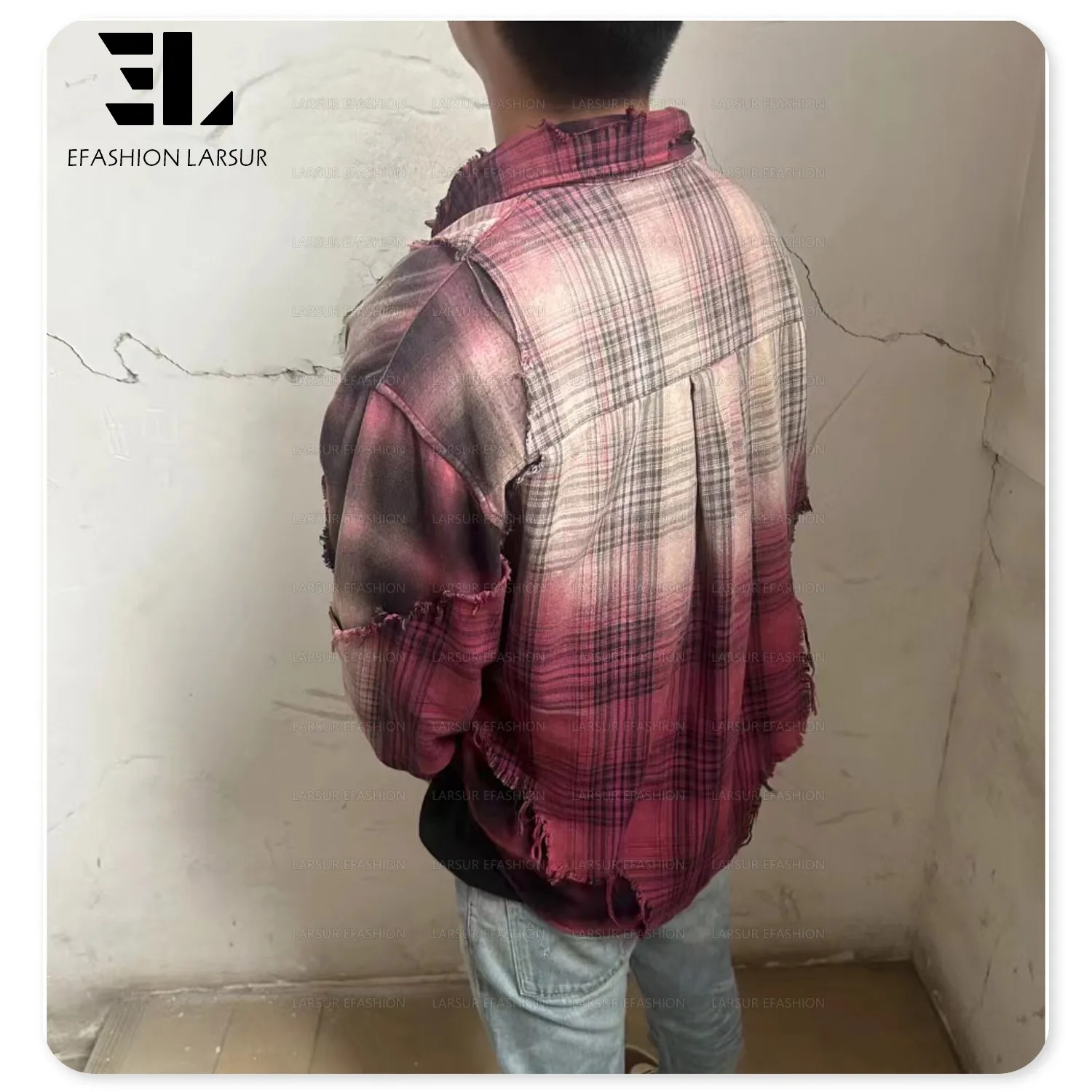 LARSUR Custom factory fleece wool / polyester plaid flannel shirts ripped raw edges sun faded dye patchwork flannel jacket men