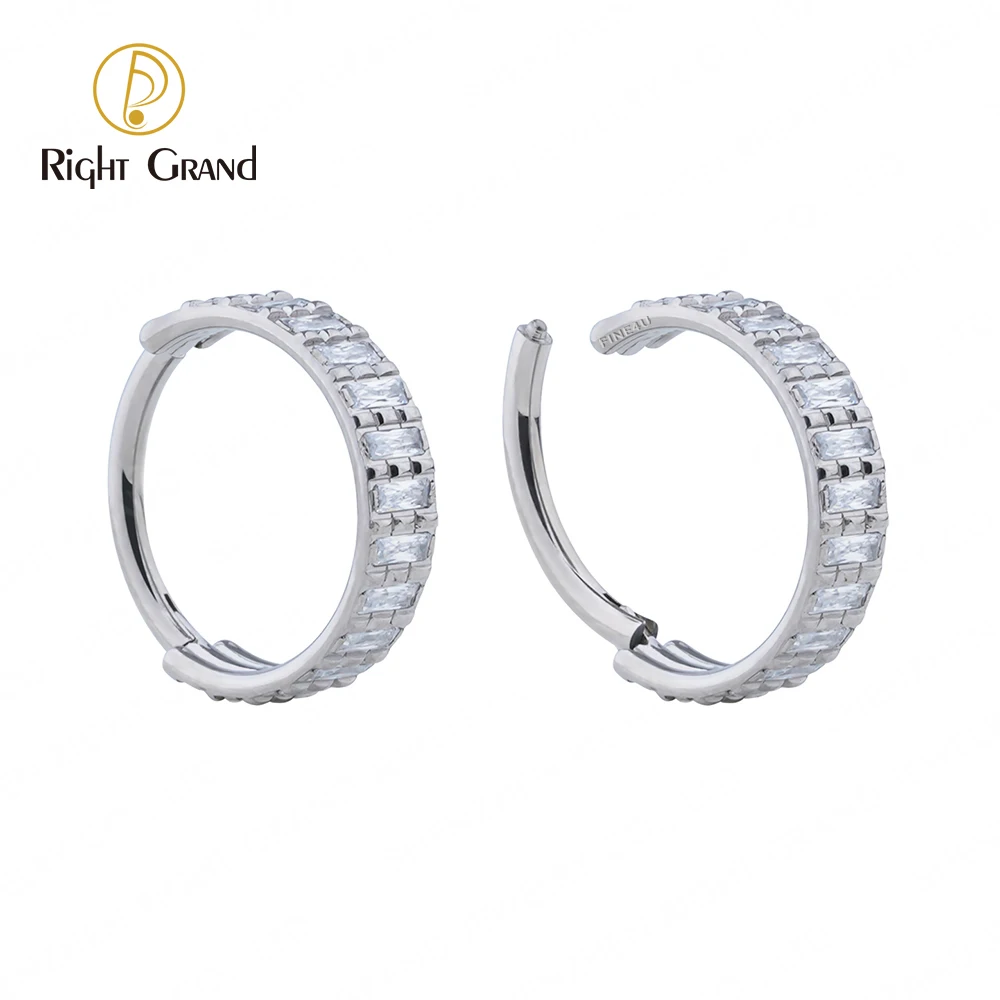 Titanium ASTM F136 Triple Lined Rectangle CZ hinge Hoop Segment Nose Clicker Ring Piercing for Helix Conch Piercings