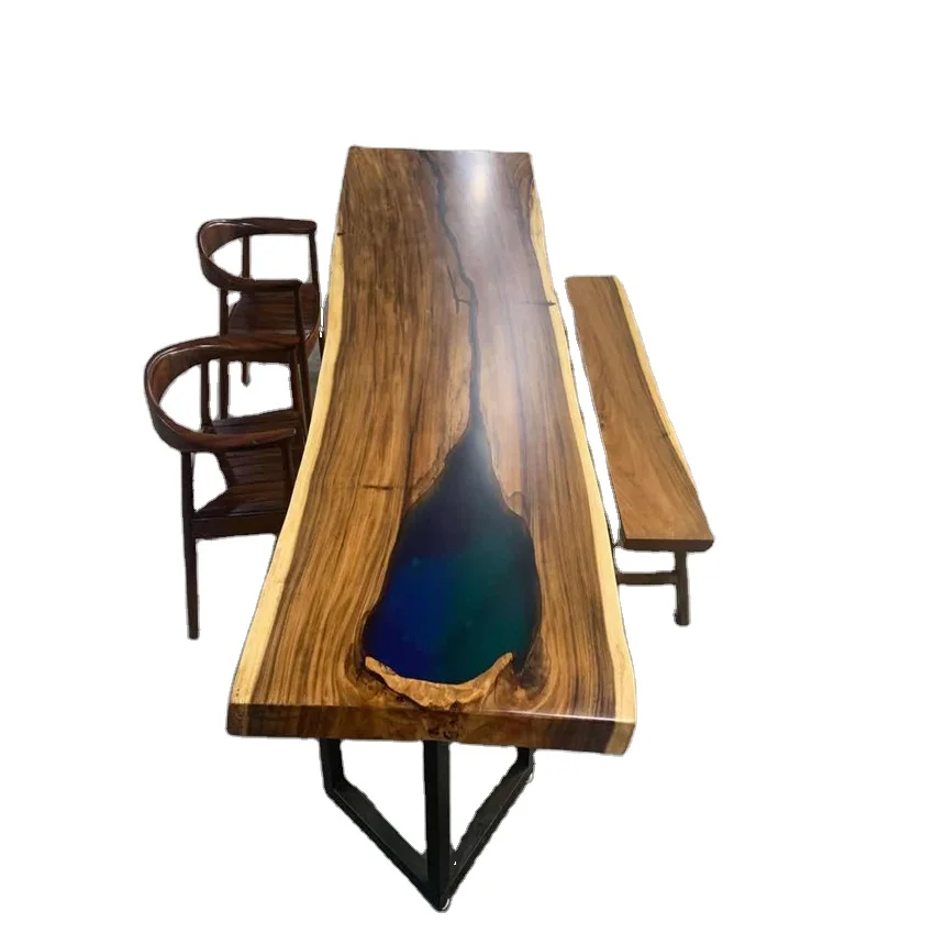 High Class Modern Epoxy Resin River Top Solid wood dining table with metal Base