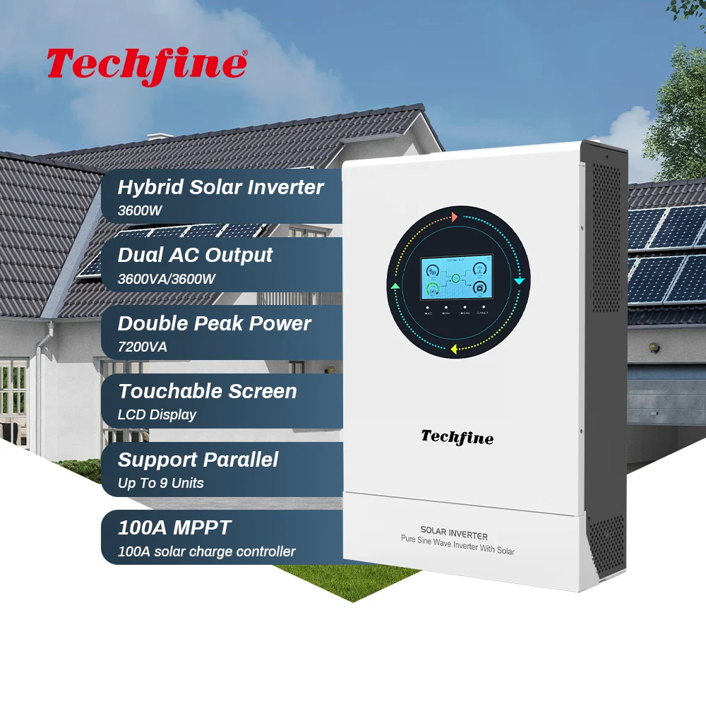 Techfine 3KW 3.6KW Dual Output On Off Grid Solar Inverter 24V 48V Pure Sine Wave Hybrid Solar Inverter With MPPT Controller
