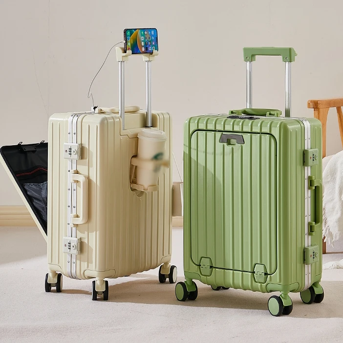 Multifunctional Front Open with USB Charming port Cup and mobile Holder tsa lock Hard Shell Aluminium Frame trolley Luggage