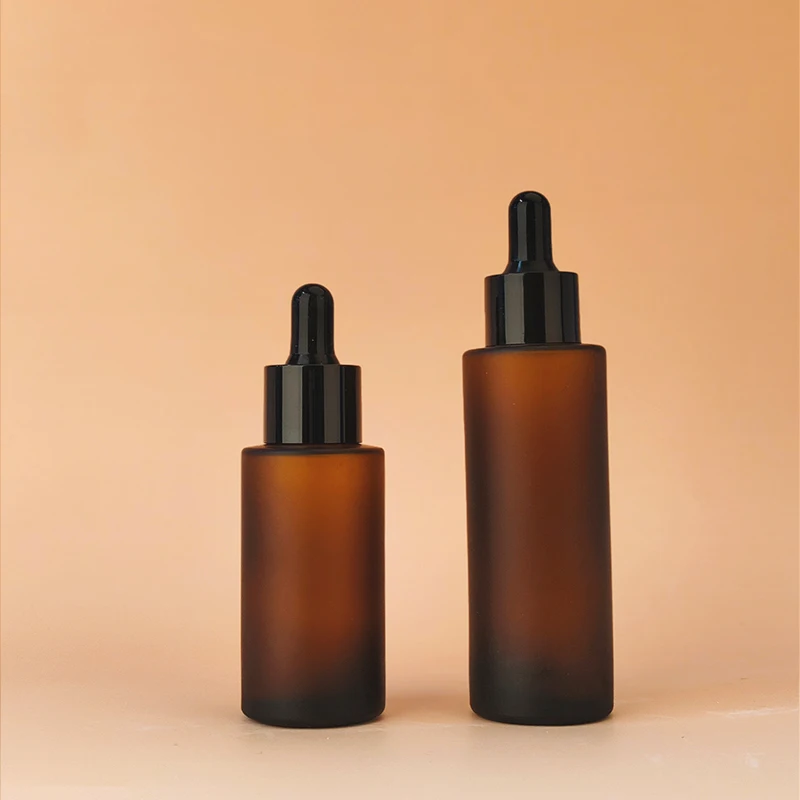 20ml 30ml 40ml 60ml Frosted Amber Glass Essential Oil Dropper Glass Bottle Flat shoulder Hair Oil Cylinder Glass Dropper Bottle