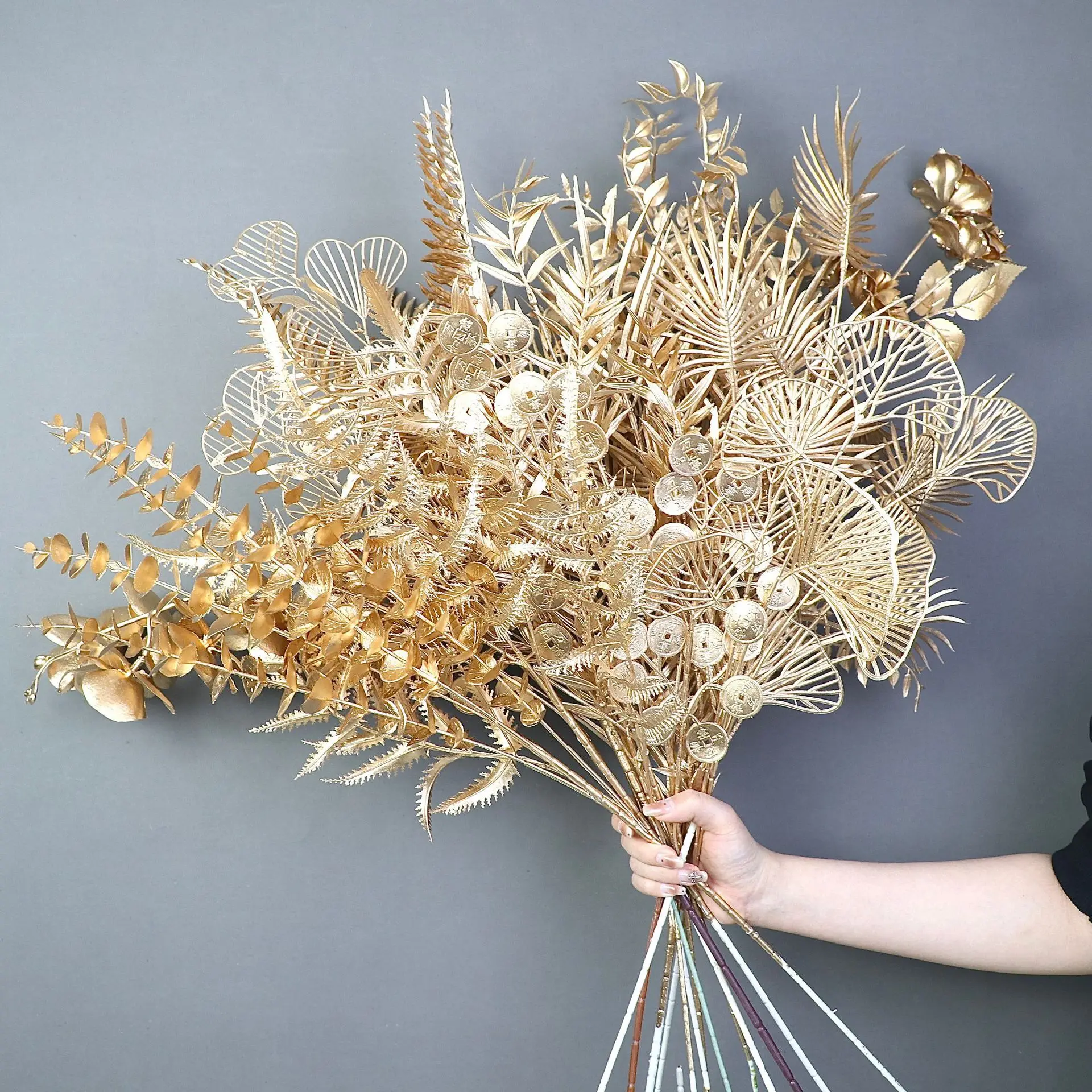 EG-G538 Wholesale golden artificial flower eucalyptus ginkgo leaves wedding flower arrangement decor