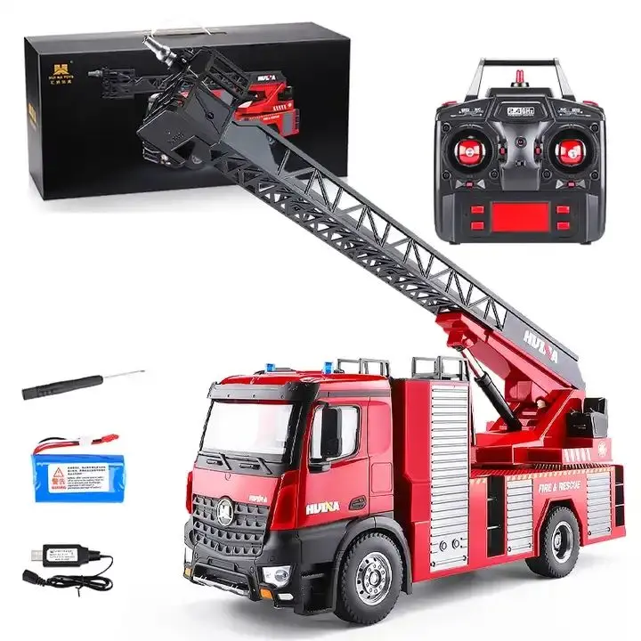 Tiktok Huina 1561 1:14 Scale 22CH Alloy  Remote Control Sprinkler Fire Truck Vehicle Engineer Toys With Fire Ladder and Light