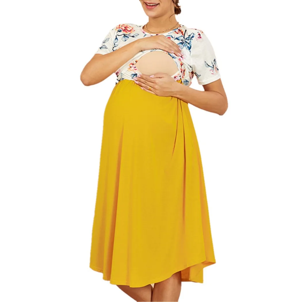 Summer hot selling contrast color maternity dress print short-sleeved loose nursing dress breastfeeding clothes women 2021