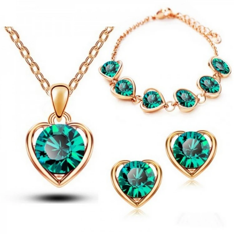 Simple heart necklace earrings bracelet three-piece element crystal fashion jewelry alloy diamond accessories