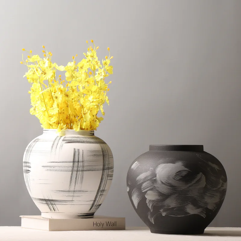 New ceramic round jar vase hand-painted ink flower arrangement flower stand creative decoration ornaments clay Chinese vase