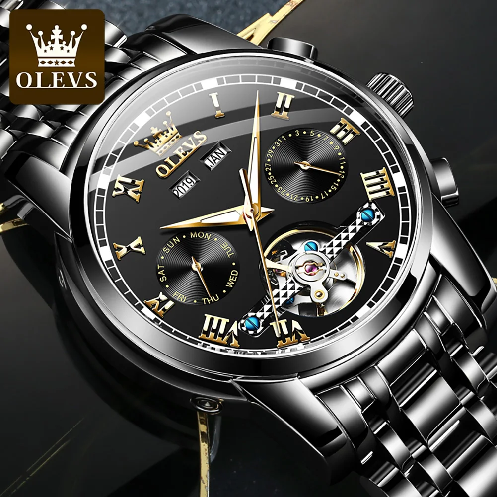 OLEVS 6607 Watch Men Fashion Sport Wristwatch Multiple Time Zone Relogio Timepiece Clock Masculino Stainless Steel Luxury 2019