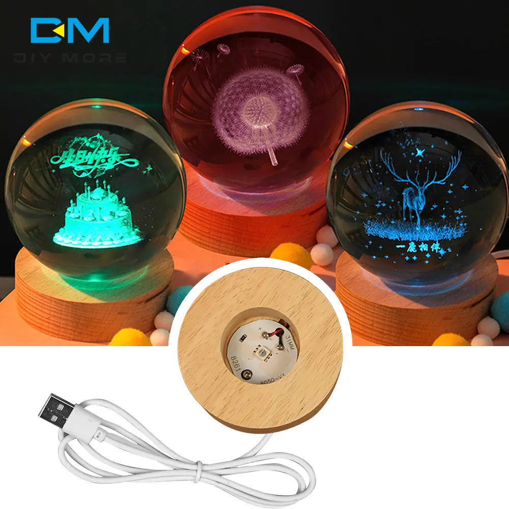 6CM 7CM Smart Home New Wood Light Base Rechargeable Wooden LED Light Rotating Display Stand Crystal Glass Resin Art