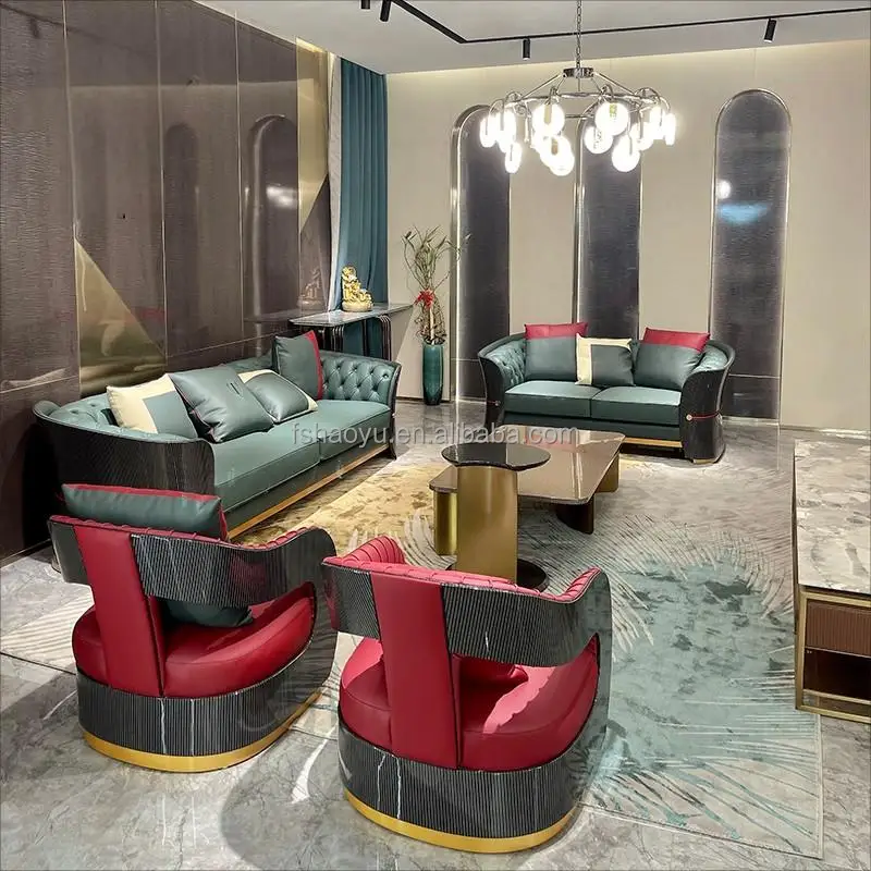 7 seater morden sofa set luxury Italian seating room LivingRoom sofa Furniture light Luxury Wooden trim Curve leather Sofa Sets