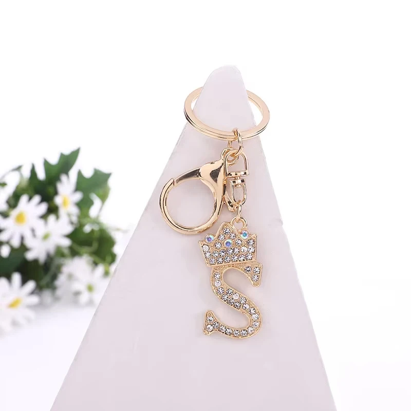 Wholesale women fashion A-Z letter key chain crystal crown alphabet rhinestone initial keychain letter keychain