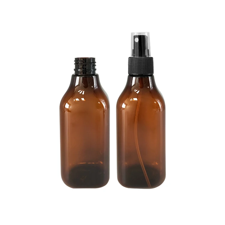 Hot Sale 200Ml Amber Pet Plastic Square Cosmetic Spray Pump Bottle With Plastic Spray