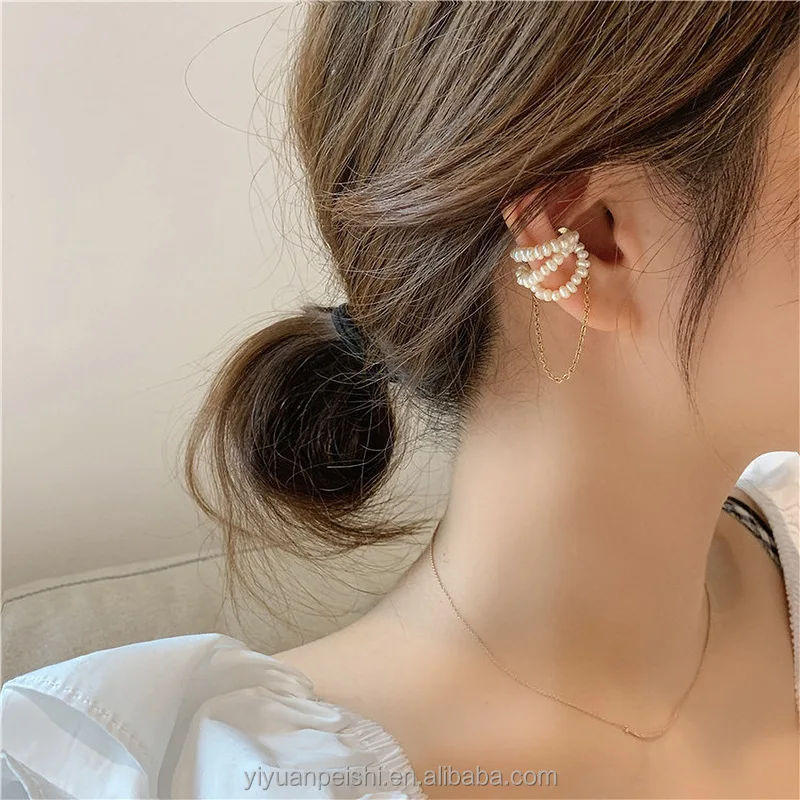 2022 Hot Sale Simple Sweet Pearl Magnet Ear Clip Earrings Link Chain No Ear Piercing Pearl Ear Cuff Earrings