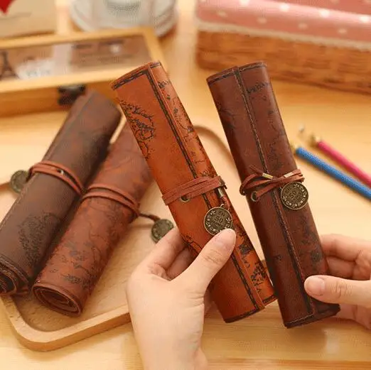 Creative treasure map Vintage Canvas Leather Large Capacity roll pencil bag lovely simple stationery box