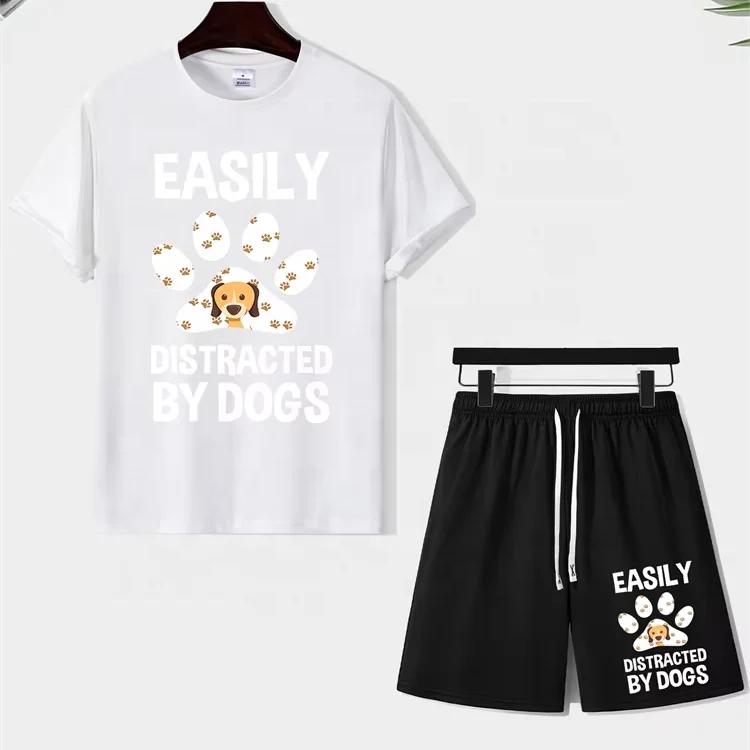 Summer Set Suit Short Sleeve Tshirt Two Pieces Dog Print Sports Suit Casual T-Shirt And Shorts Set