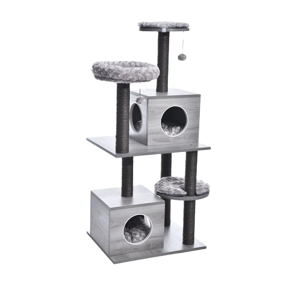 Heavy High Quality Wooden Kitty Tower Modern Elegance Sisal Post Plush Nap Bed Cat Tree