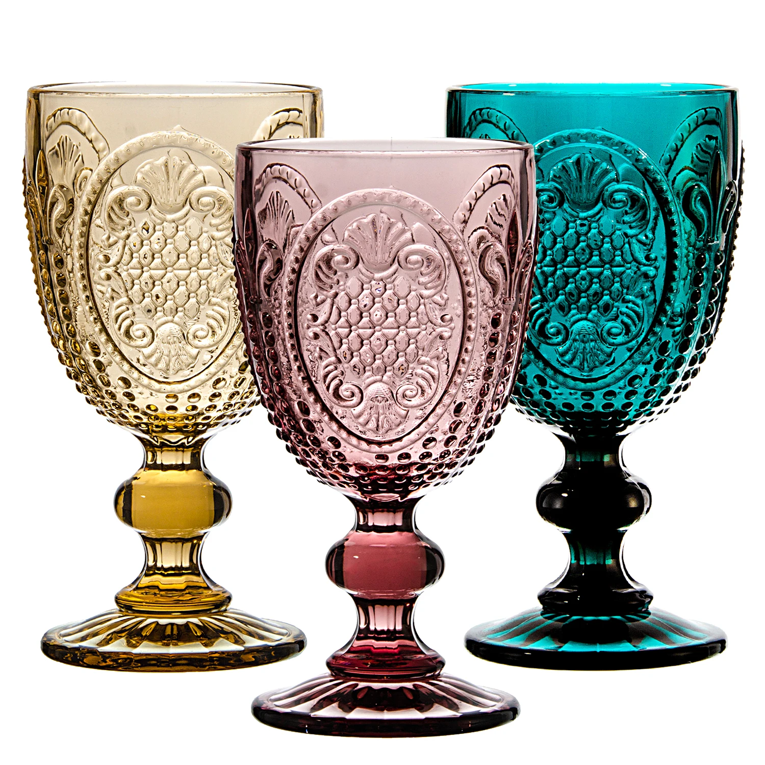 custom mexican style embossed green Colored water Glass Goblet red Wine Glasses set for wedding
