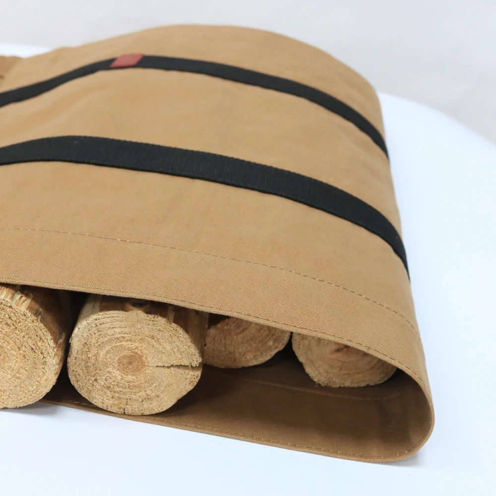 Heavy duty custom brown waxed canvas firewood carrier bag