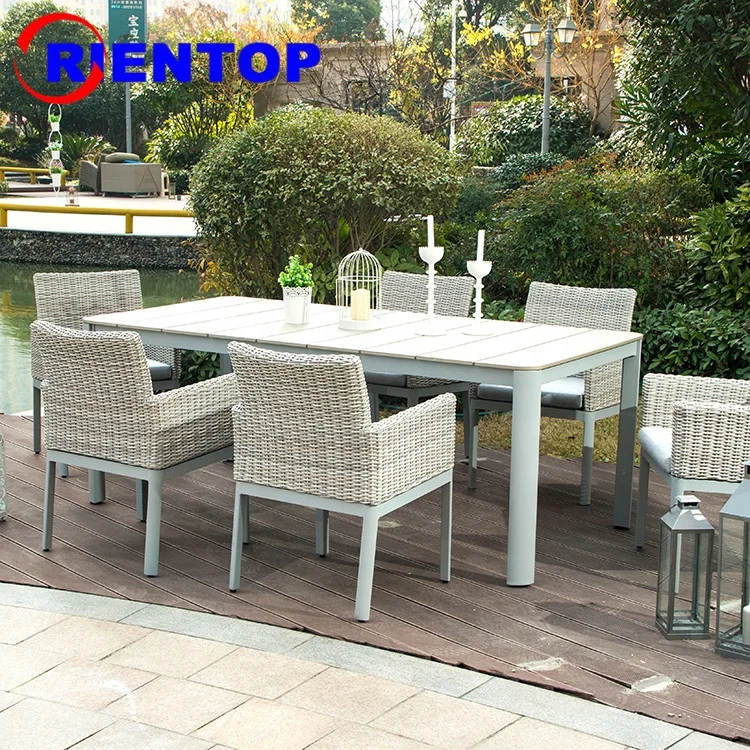 Садовые плетеные уличные обеденные наборы, топ из 7 предметов, прямоугольные столы и стулья из ротанга, мебель для патио, современная алюминиевая рама