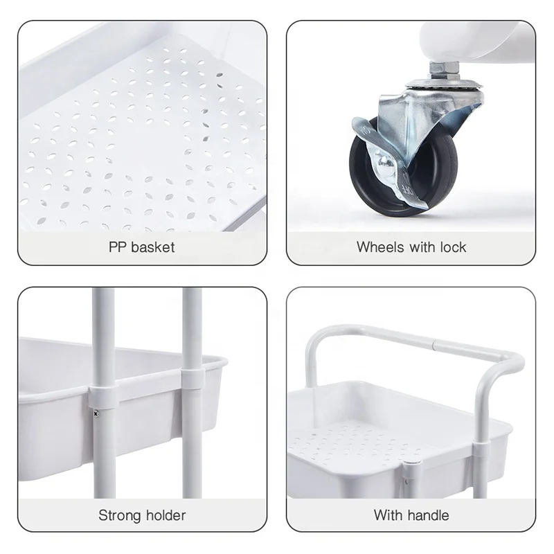 3 Tier Storage Rack Rolling Cart Utility Trolley With ABS Plastic Basket