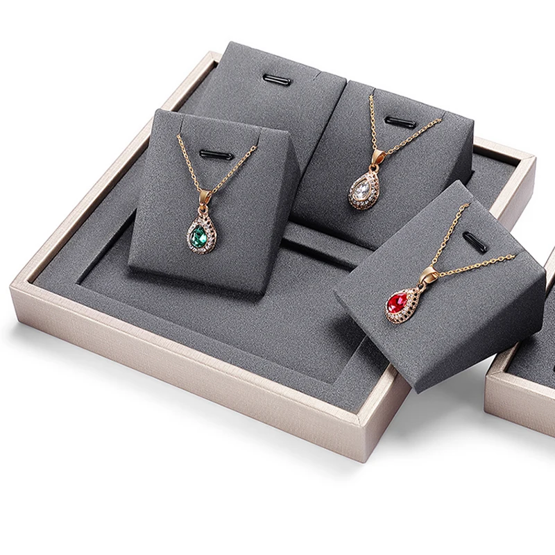 OEM Custom Holder Color PU Leather Wooden Ring Bracelet Chain Display Jewelry Display Stand Sets For Store
