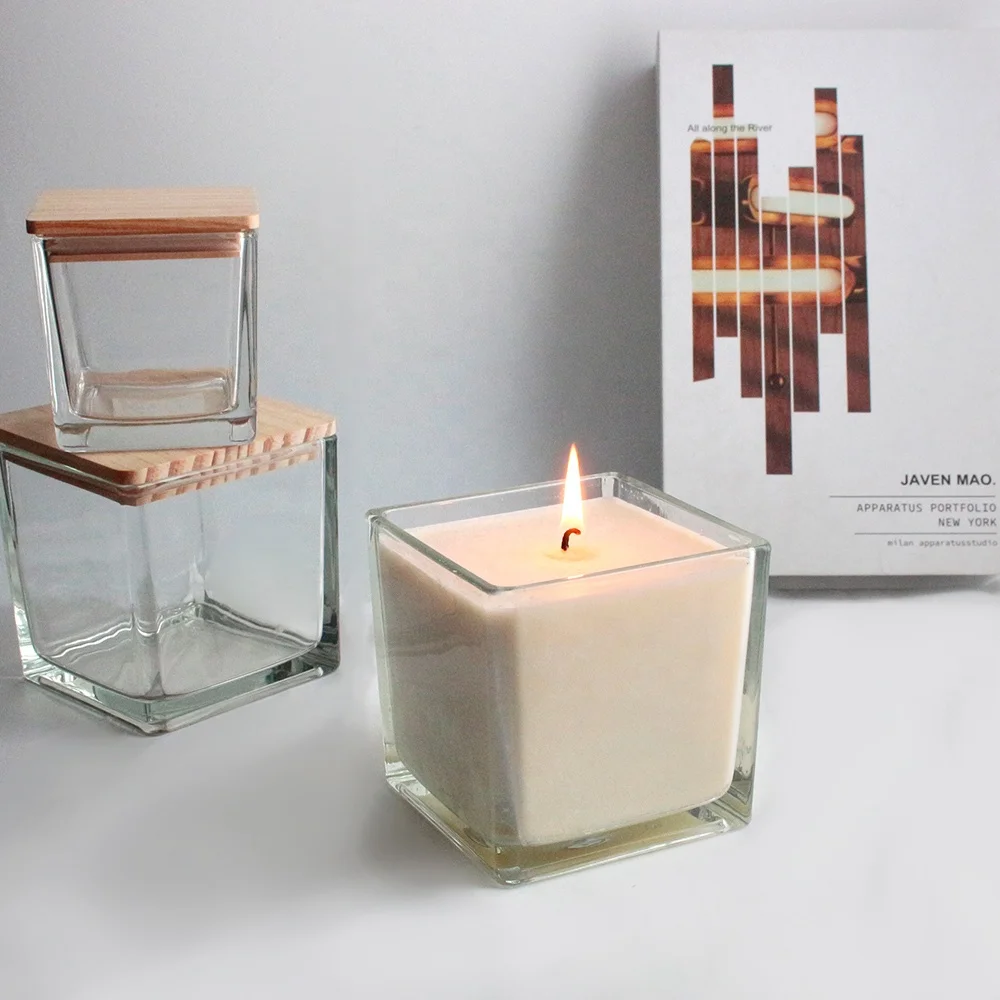 LANGXU square transparent natural glass material large medium small size clear colors glass candle container vessel with wooden