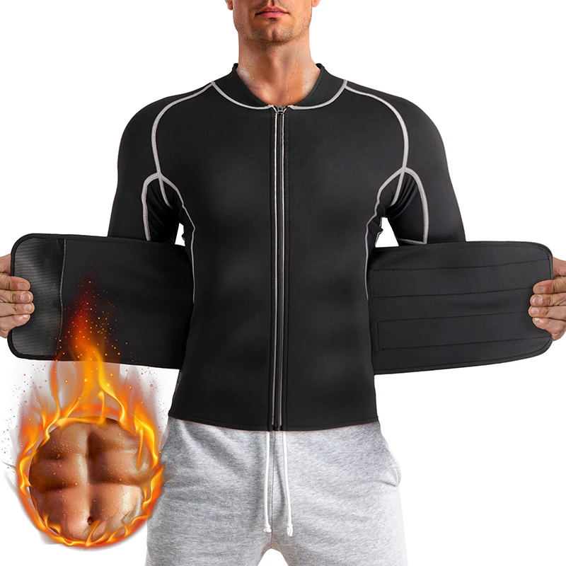 Men Long Sleeve Slim Jacket Neoprene Workout Hot Sweat Weight Loss Sauna Suits With Waist Trainer Belt