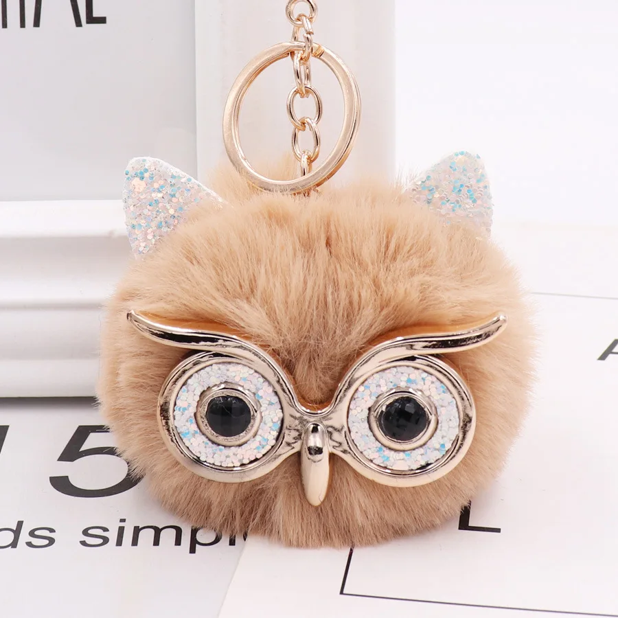 Wholesale Cute Owl Pom Fluffy Pom Plush Keychain Key Ring Faux Fur Ball For Girls Women Bag Accessory