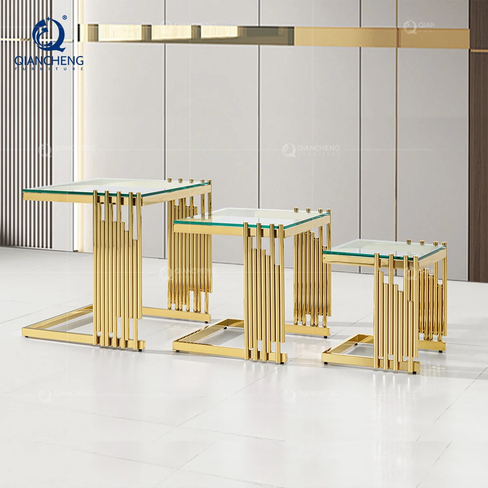 QIANCHENG hign end customize mirror black glass center tables living room ss furniture hotel ottoman steel luxury coffee table