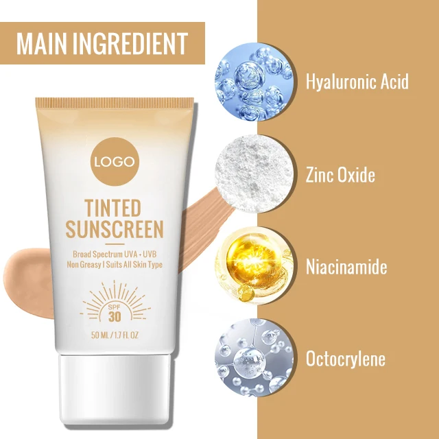 Physical UVA UVB Protection Hyaluronic Acid Moisture Niacinamide Face Sunscreen Foundation Tinted Sunscreen Spf 50