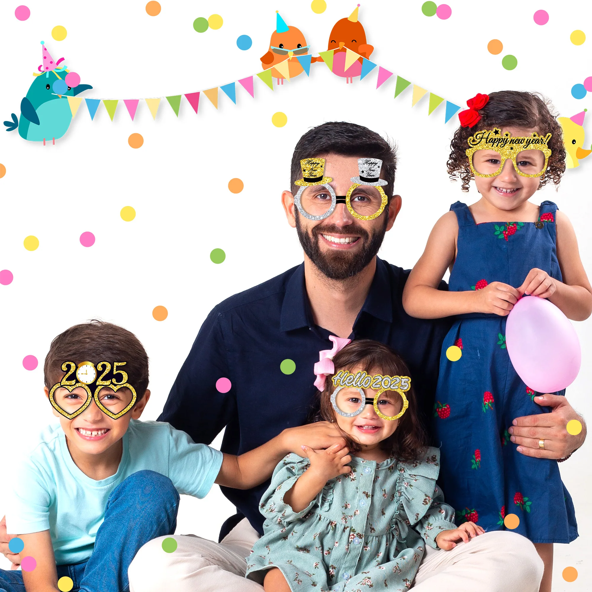 Huancai Hello 2025 New Year Party Eyeglasses Gold Silver Paper Glasses 12 PCS Sunglasses for Happy New Year Eve Party Supplies