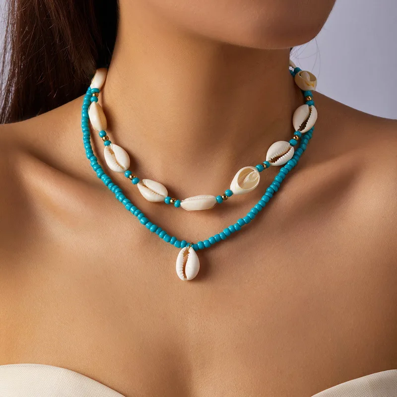 Bohemian Beach Bead Rope Shell Pendant Clavicle Chain Choker Necklace Multilayer Beaded Necklace