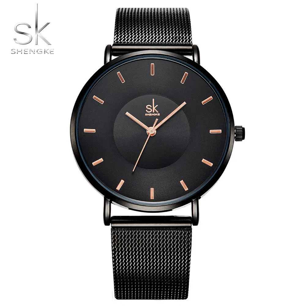 Часы наручные SHENGKE K0059L женские кварцевые крутые черные с крышкой из нержавеющей