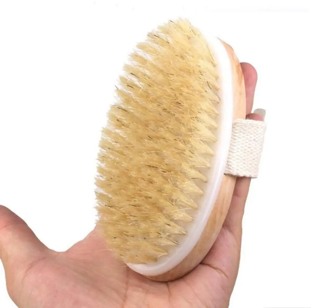 Wooden Natural Bristle Dry Skin Bath Body Brush With Hand Band For Nice Grip
