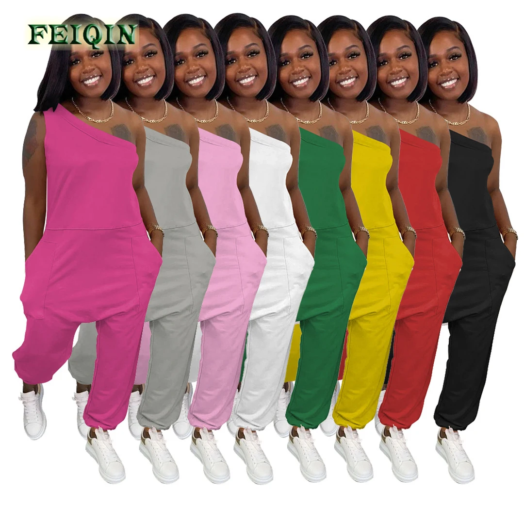 Amazon New Arrival Casual Ladies Loose Rompers One Shoulder Sleeveless Streetwear Summer Women One Piece Jumpsuits With Pockets