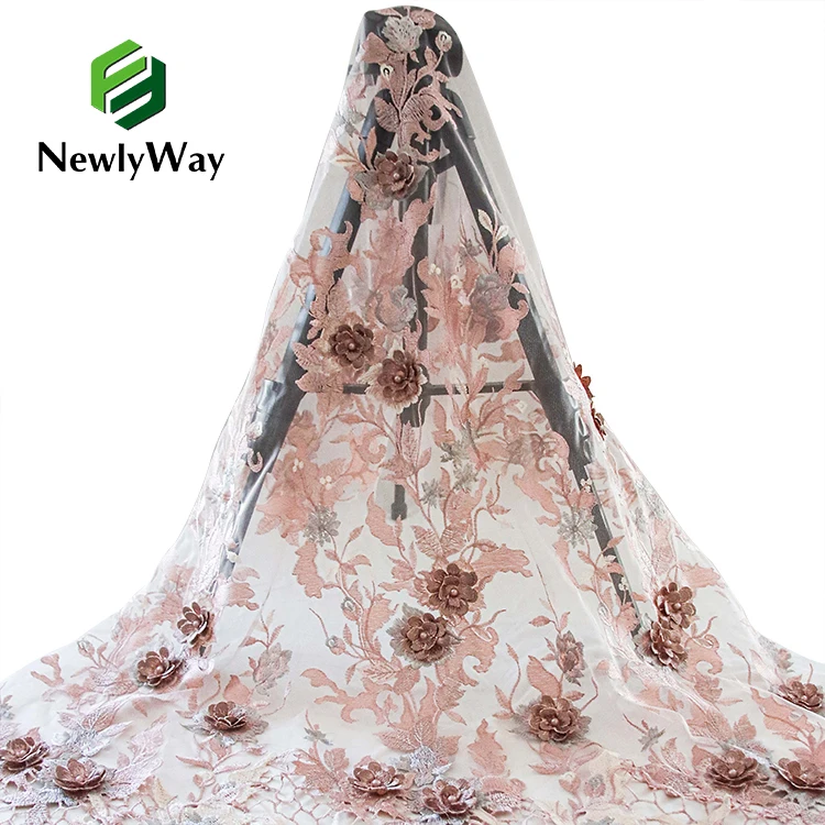 2022 NewlyWay African Mesh Embroidered Lace Flower Embroidery Tulle Fabric Lace Fabric Embroidery For Dresses