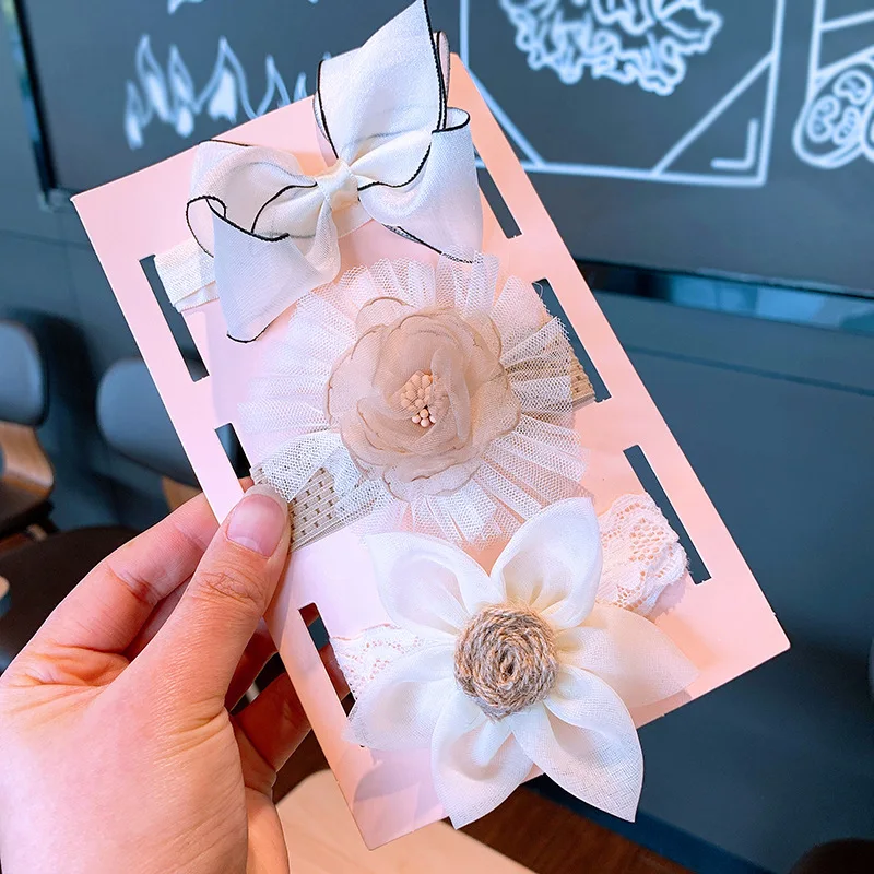 
gift box package 3pcs Kids elastic Bow hair band photo props Pink Color Pom poms Hair accessories new born Baby headband 