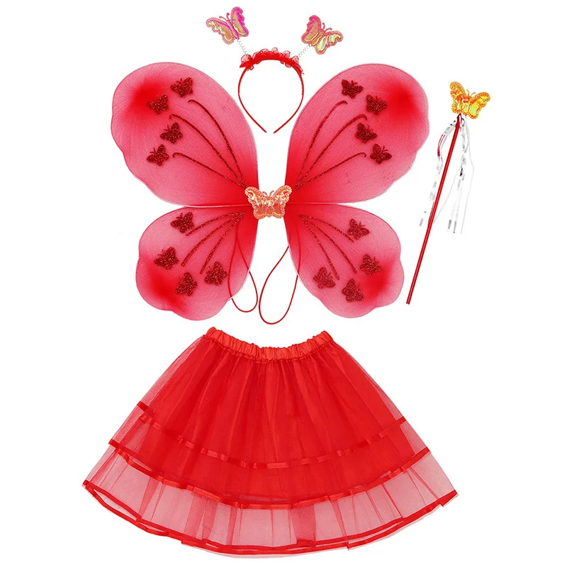 Girls Party Gift RolePlay Butterflies Costumes Princess Fairy Wings Magic Wand Headband Skirt 4Pcs Halloween Cosplay Props