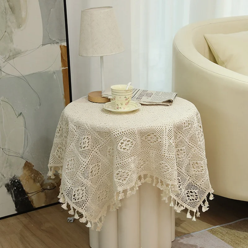 Retro Hollow Tablecloth Cotton Tassel Table Cloth Garden Lattice Table Cloth Lace Long square Table Flag Placemat